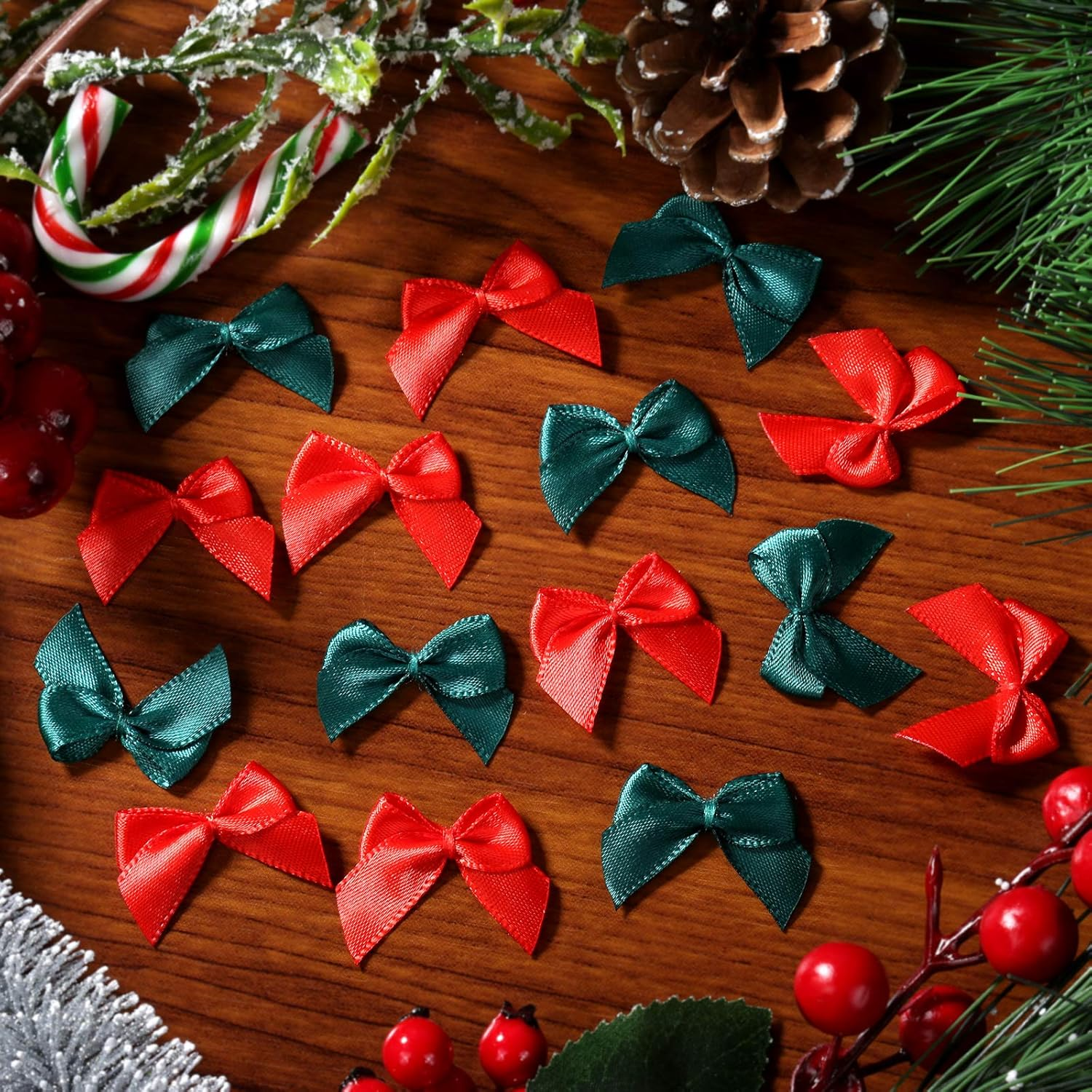 150Pcs Mini Bows Red and Green for Christmas Tree Decoration, Wrapping Crafts, and Home Decoration - Black image number 5
