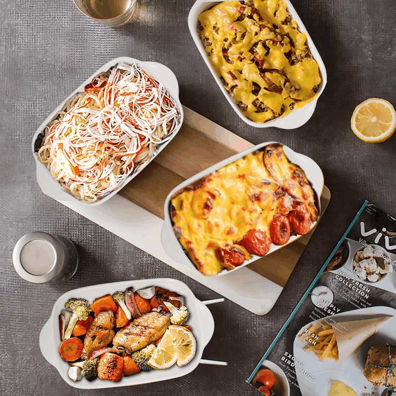 20Oz Small Ceramic Baking Dishes, 7.5L X 5.4W Inch Stone Embossed Pattern Bakeware with Double Handles, Individual Rectangular Baker for Lasagna, Casserole - Set of 4 (Gray)