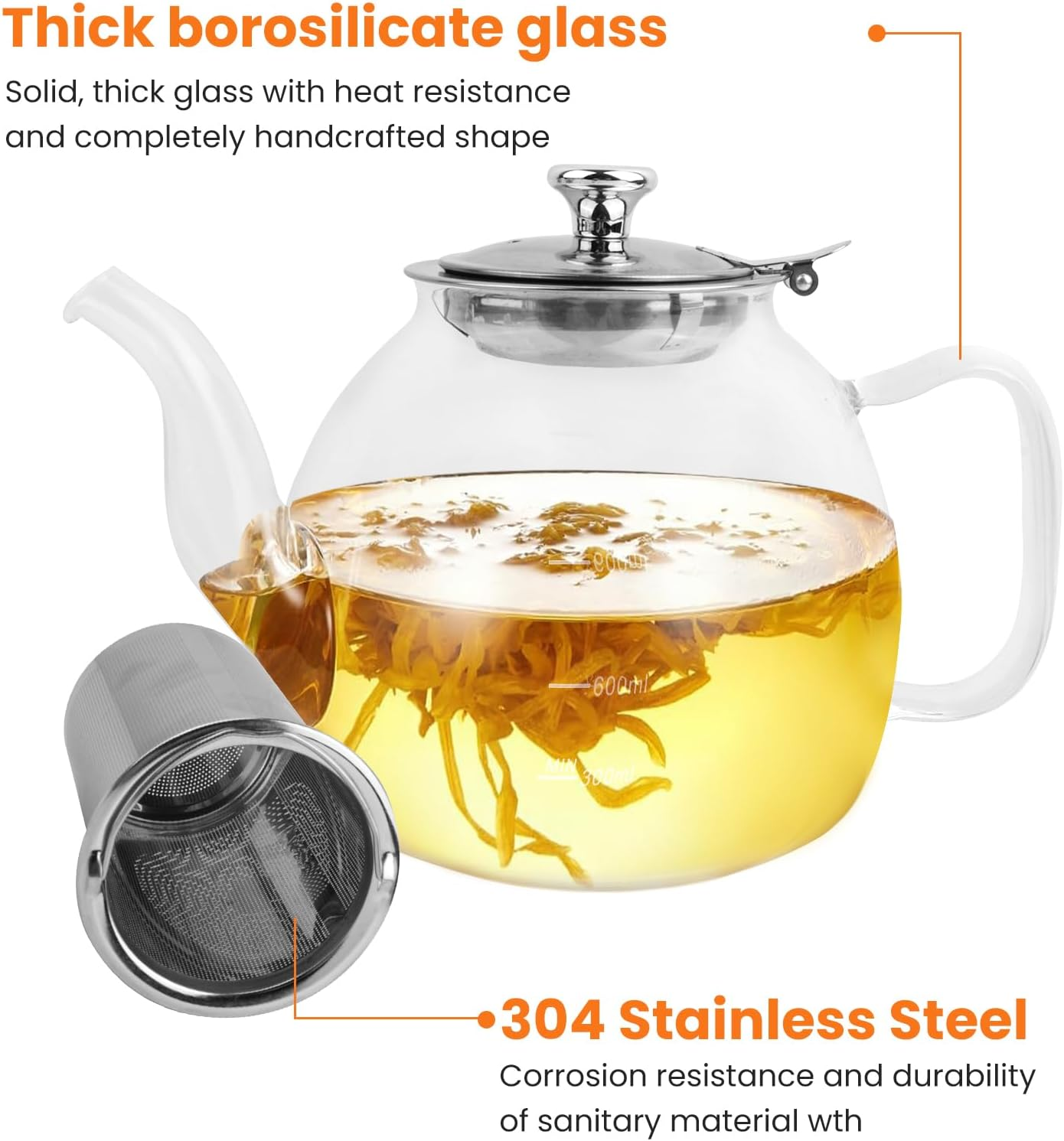 1200Ml Glass Teapot Set - Stovetop Safe with Removable Infuser, 4 Cups - for Loose Leaf & Flowering Tea, Compatible with Stove & Induction image number 4