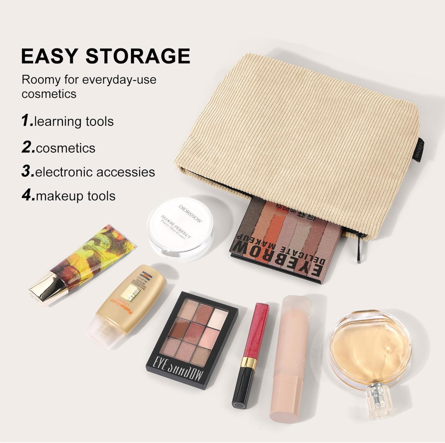 MAGEFY 2 Pcs Makeup Bags for Women, Corduroy Make up Bag for Purse Travel Makeup Bag Small Cosmetic Bags with Zipper Makeup Pouch for Travelling(Beige) image number 6