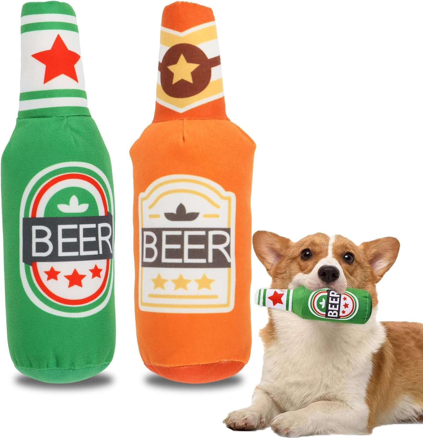 2 Pieces Soft Beer Bottle Plush Dog Squeaky Toy - Dog Chew Squeaky Toy for Small, Medium, and Large Dogs image number 1