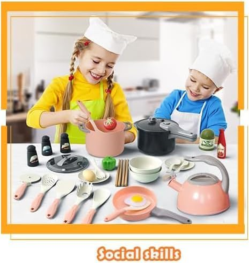 32Pcs Kids Kitchen Toy Accessories, Toddler Pretend Cooking Playset with Play Pots and Pans, Utensils Cookware Toys, Play Food Set, Canned Toy Vegetables,Toddlers Boys Girls Birthday Gift（Pink) image number 2