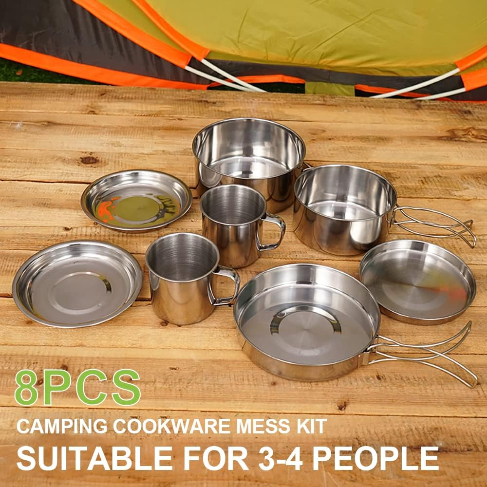 Camping Cookware Mess Kit 8PCS Stainless Steel Cooking Pot and Pan Set with Plates Cups for Outdoor Camping Hiking Backpacking image number 4