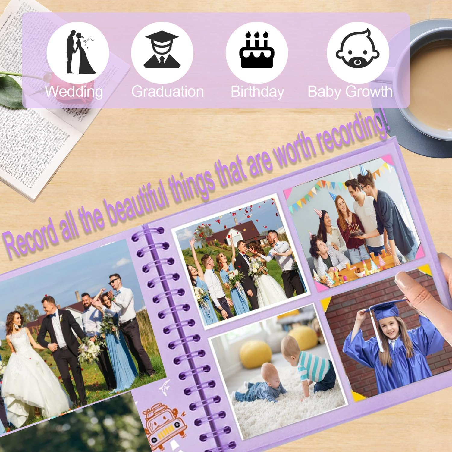 Scrapbook Photo Album, 8-Inch Personalized Photo Book, DIY Memory Album with 3 Album Stickers, Square Hardcover Scrapbook for Wedding, Babies and Anniversaries, 20 Sheets image number 2