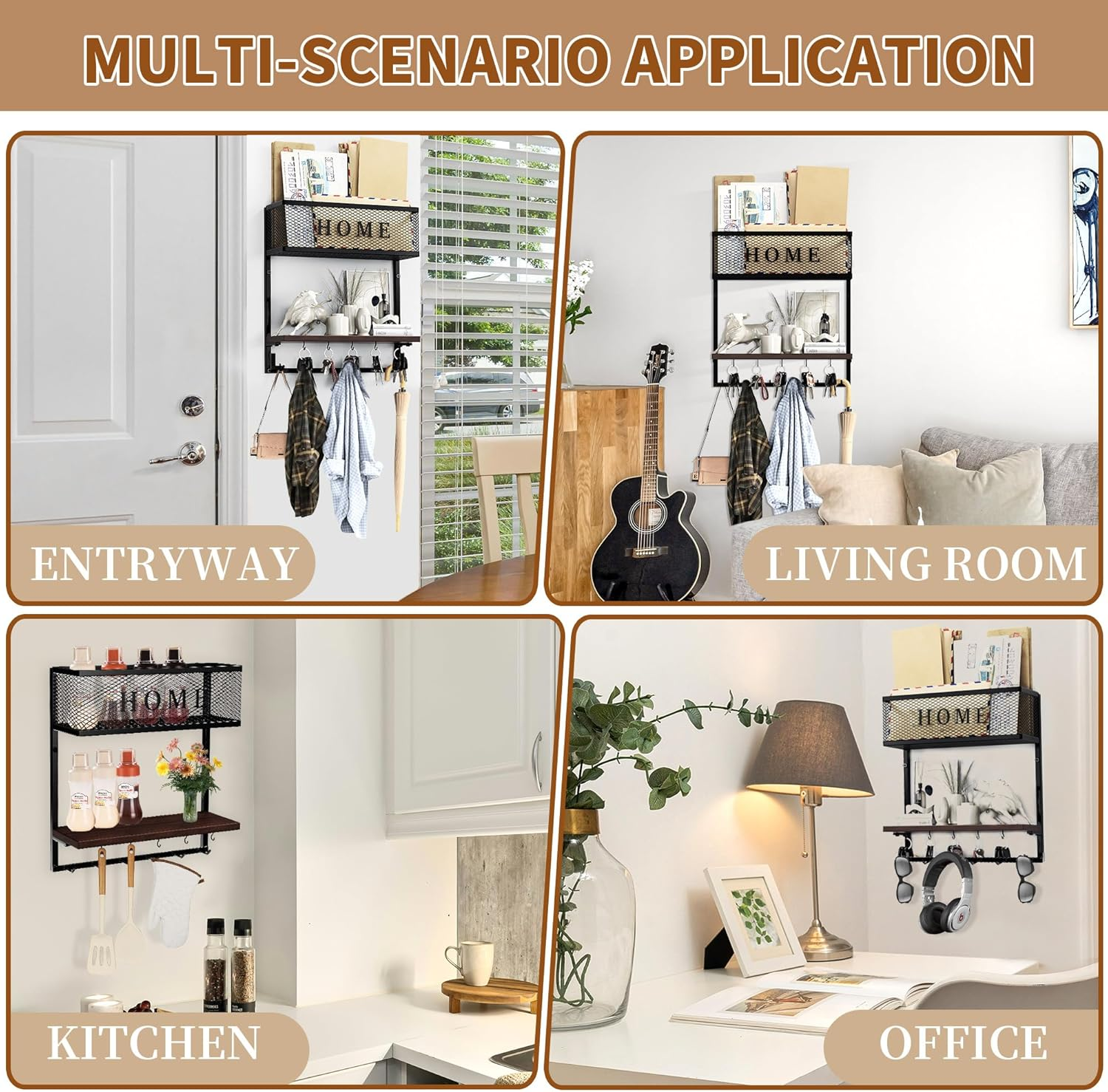 Mail and Key Holder Wall Mount - Entryway Organizer with Metal Hanger, Wooden Shelf, 11 Hooks - 4 in 1 Rack for Home Decor (Black) image number 3