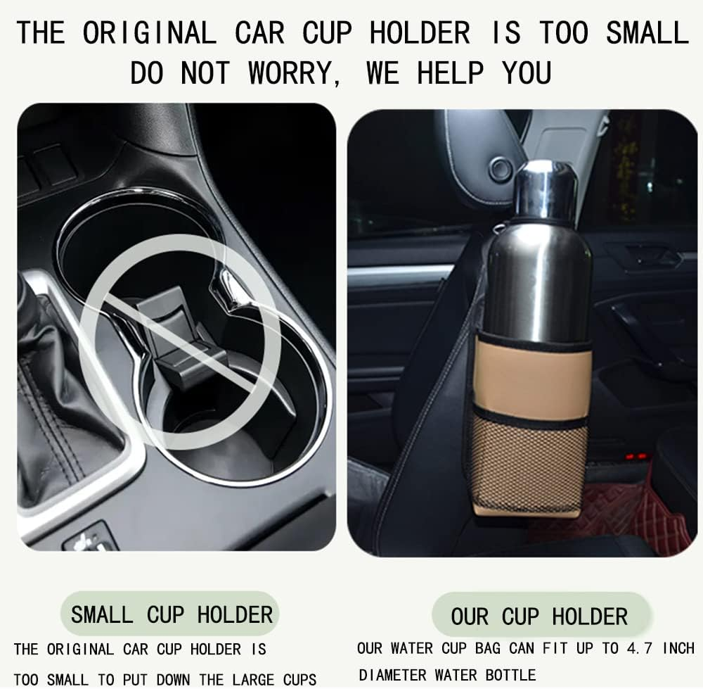2 in 1 Large Cup Holder, 80 Oz Auto Water Bottle Holder Bag, Bottles & Big Drinks. Hanging Multi-Function Mini Car Seat Side Organizer, Phones, Stuff Holder with Mesh Pocket for Cars, SUV & Truck - Brown image number 5