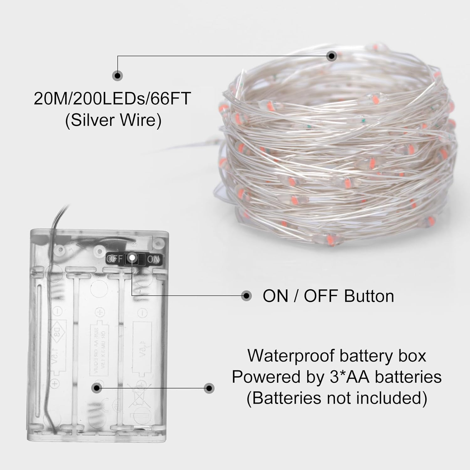 Fairy Christmas Lights Battery Operated, 20M/66Ft/200 LED String Light, Waterproof Battery Case, Indoor Lights for Xmas Tree Wedding,Party Events Garden Spring Decoration (Red) image number 6