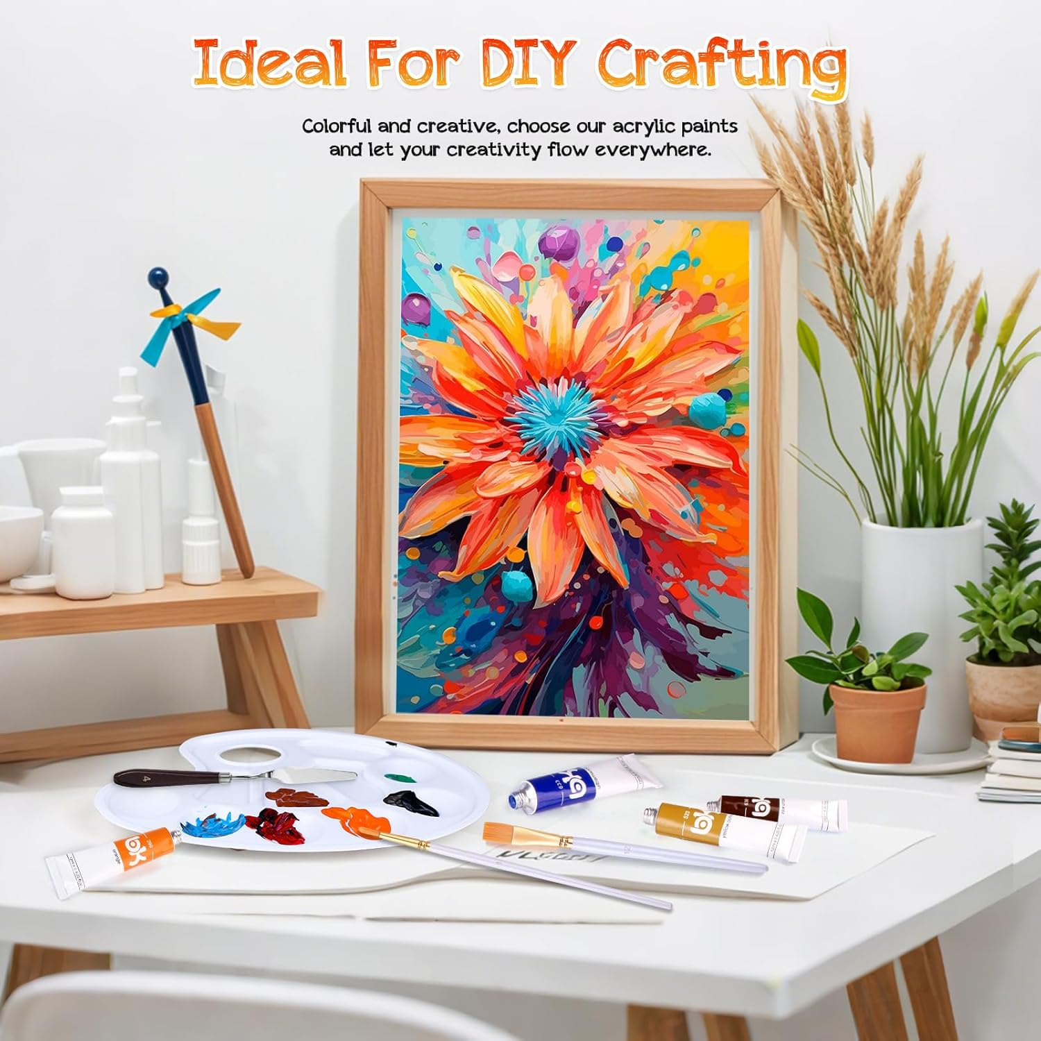 Aottom 33 Piece Canvas Acrylic Paint Set, 24 X Tube Acrylic Paints with 5 X Brush Set + 2 X Canvas + 1 X Mixing Knife Acrylic Paint Set for Stones, Paper, Wood Acrylic Paints for Artists, Beginners image number 1