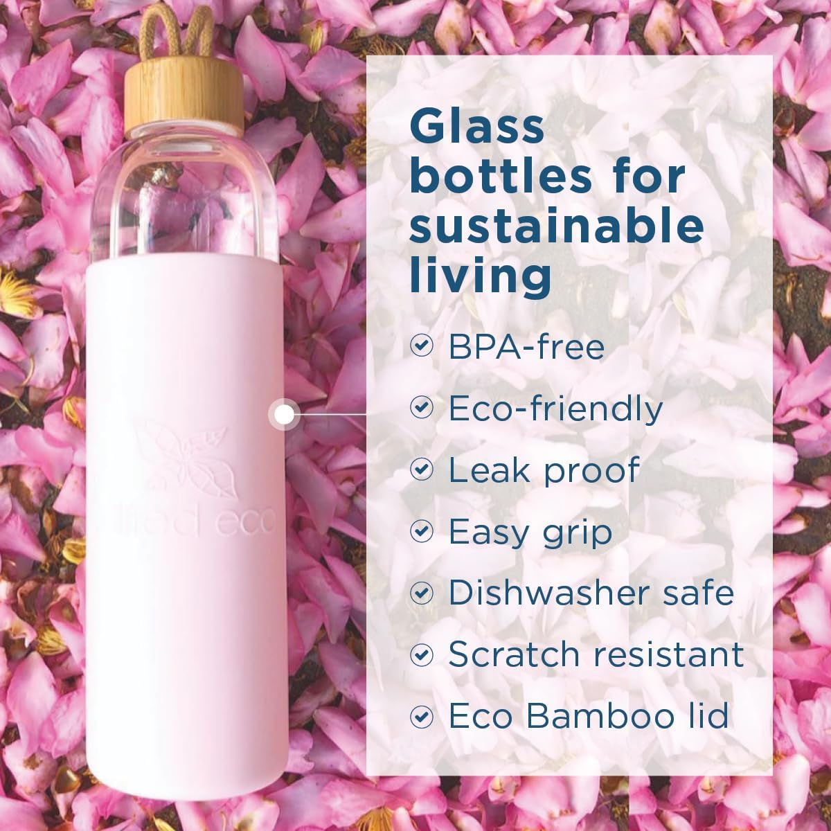 Wilfred Eco 1 Litre Glass Water Bottle | Large 1L Capacity | Protective Silicone Sleeve | BPA Free, Eco-Friendly & Leak-Proof | Dishwasher Safe | (Colour - Pastel Pink) - Bold Grey image number 6