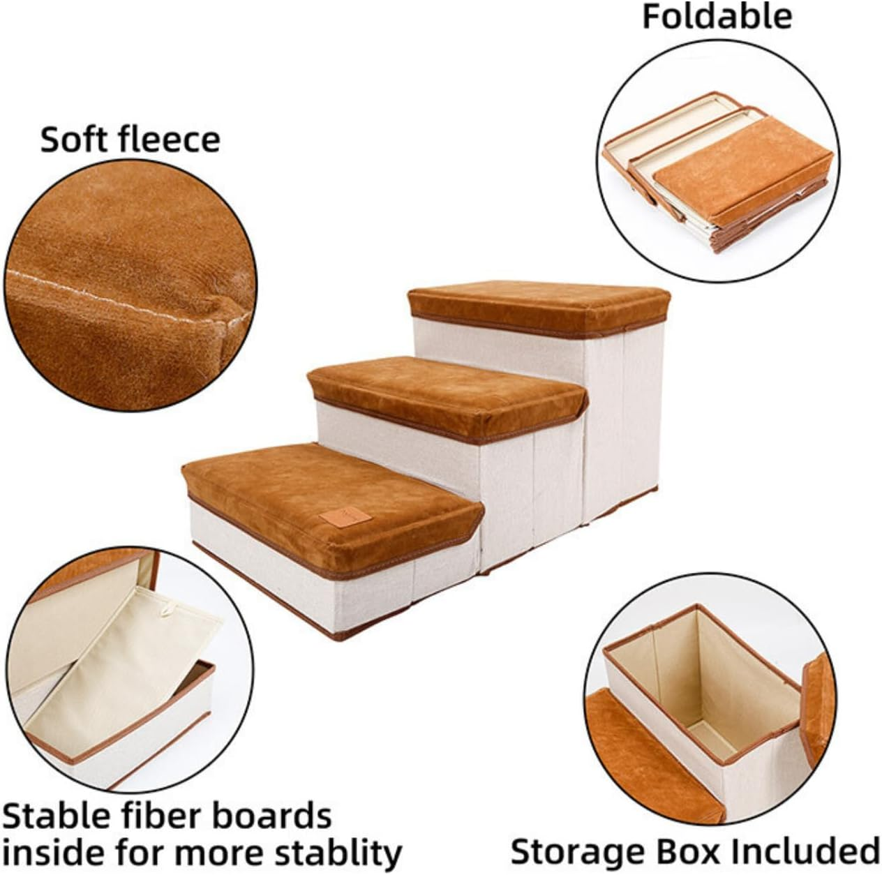 Foldable Pet Stairs with Soft Cushion, 3-Step Design, Hidden Storage, Easy Assembly, Ideal for Small Dogs & Cats (Brown, L, 3) image number 5