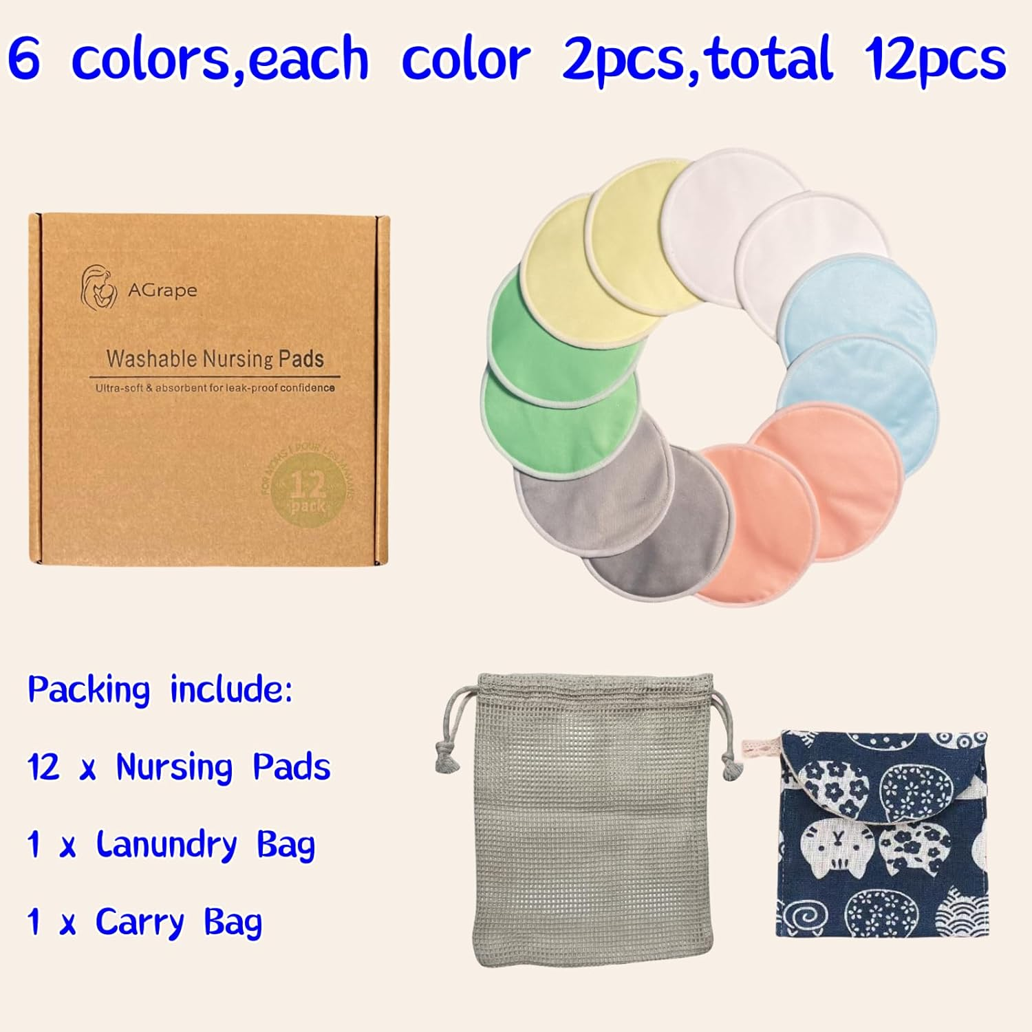 12 PCS Reusable Breast Pads for Breastfeeding &ndash; Washable Nursing Pads, Reusable Nursing Pads with Wash & Carry Bags, 4.7 Inch Multicolor image number 2