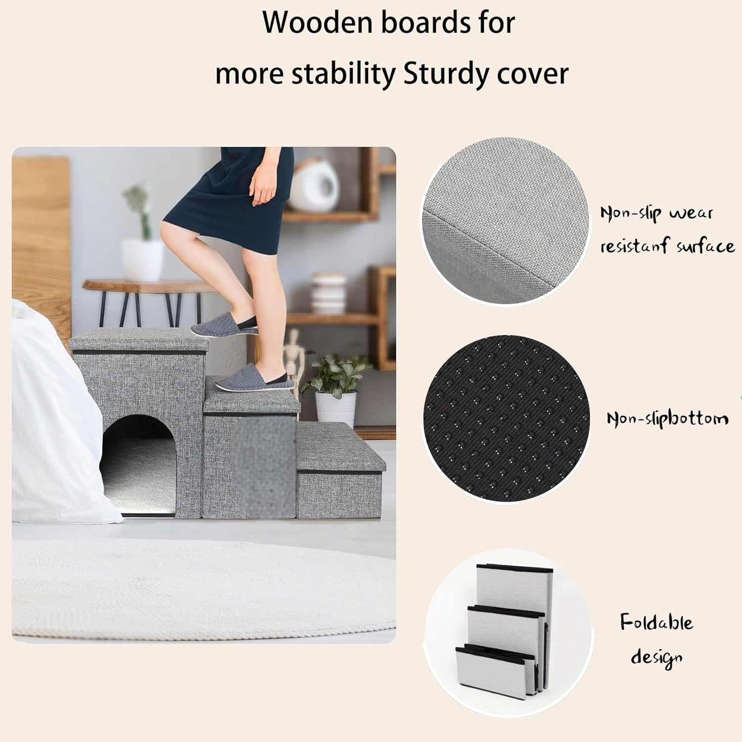 3-Step Storage Pet Stairs for Dogs & Cats | Heavy Duty Dog Stairs/Ramp with Storage House | Detachable & Washable Design | Small Pets | Brown | H:43CM image number 6