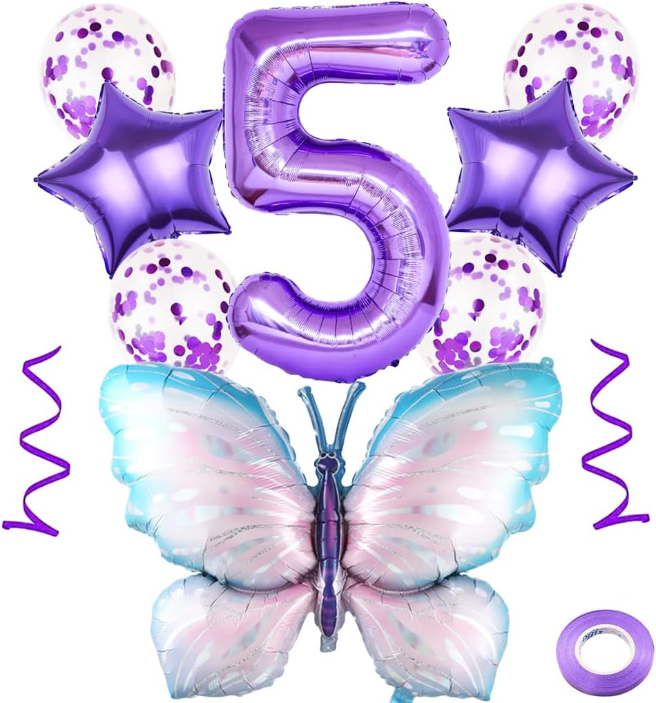 5 Years Butterfly Birthday Decoration Large Colourful Butterfly Foil Balloon 5Th Birthday Butterfly Balloon Purple Number 5 Balloon for Girls Birthday Party