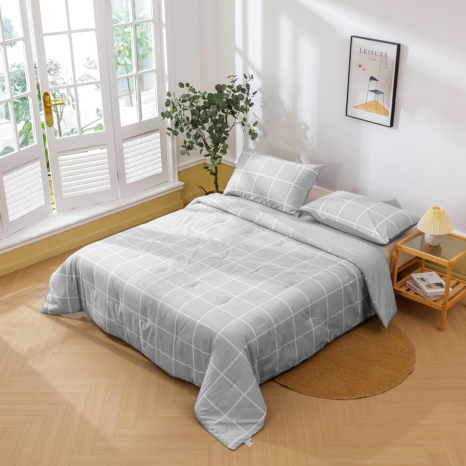 Dreamaker 225TC Cotton Washed Comforter Set - Soft & Cozy Bedding Collection All-Season Quilted Bedspread Hypoallergenic - Checkered Grey (Queen) 1 X Comforter 210X210Cm; 2 X Pillowcases 48X73+15Cm