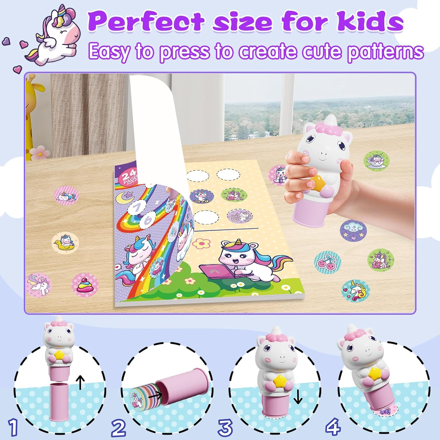 Sticker Stamper Unicorn Toys for Girls 3 4 5 6, 24-Page Activity Pad and 300 Stickers,Arts and Crafts Fidget Toy, Sticker Books Travel Toy for Toddler 3+ image number 1