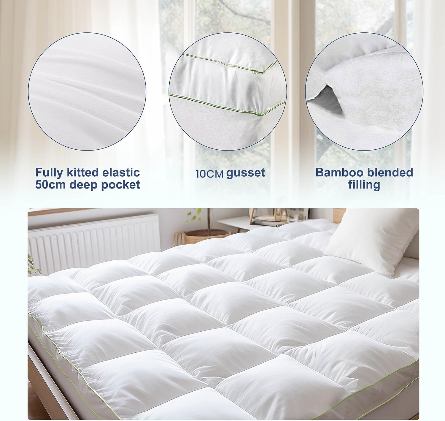 Bamboo Mattress Topper Hotel Style Pillowtop Fitted Mattress Cover 10Cm Thick - Machine Washable Hypoallergenic(White (1750GSM), Double) image number 2