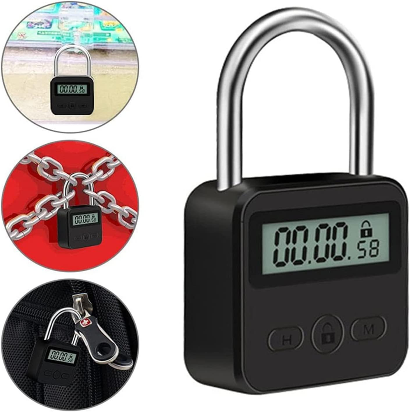 Combination Lock,Metal Timer Lock,Usb Rechargeable Time Timer Padlock with 1M Spring Rope,99 Hours Max Timing Self-Discipline Anti-Addiction Timed Padlock (Black) - Black image number 4