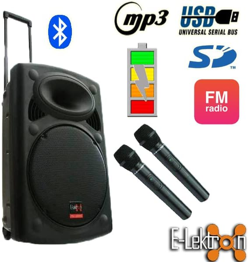 E-Lektron EL38-M 15 Inch Mobile PA Sound System Bluetooth Battery Recoding MP3 USB SD Incl. 2 Wireless Microphones 900W Karaoke Sound System with Stand
