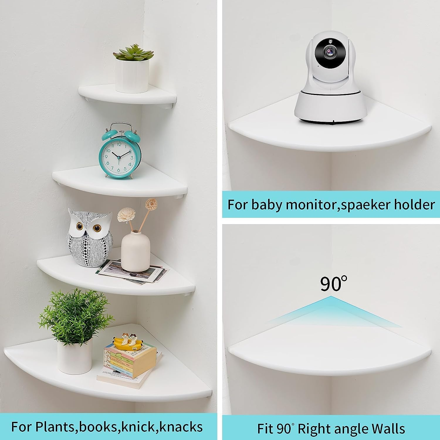 Corner Shelf, White Floating Corner Shelf, Set of 2 16Inch Solid Oak Wood Corner Wall Shelves, round End Wall Mount Display Shelf with Wire Hole for Small Plant for Bedroom Kitchen, Living Room image number 5