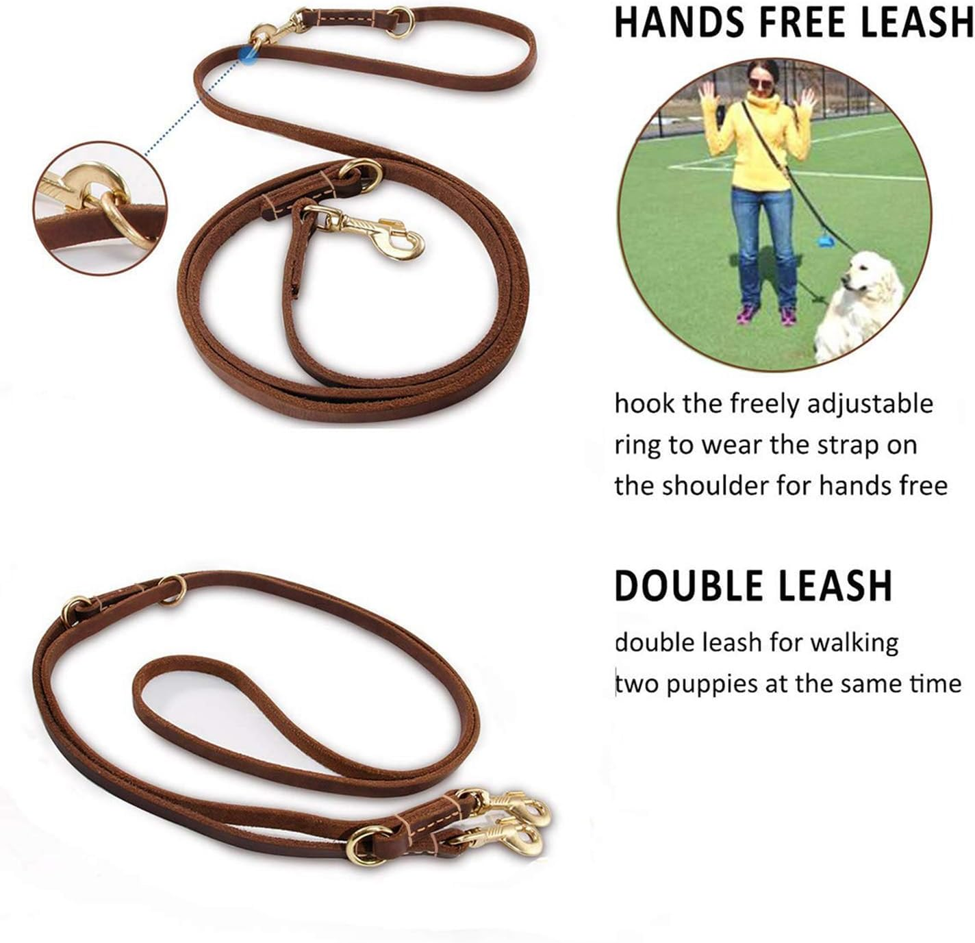 Durable Multi Function 8Ft Dog Leash, Genuine Leather Training Leash for Small, Medium and Large Dogs - Brown image number 4