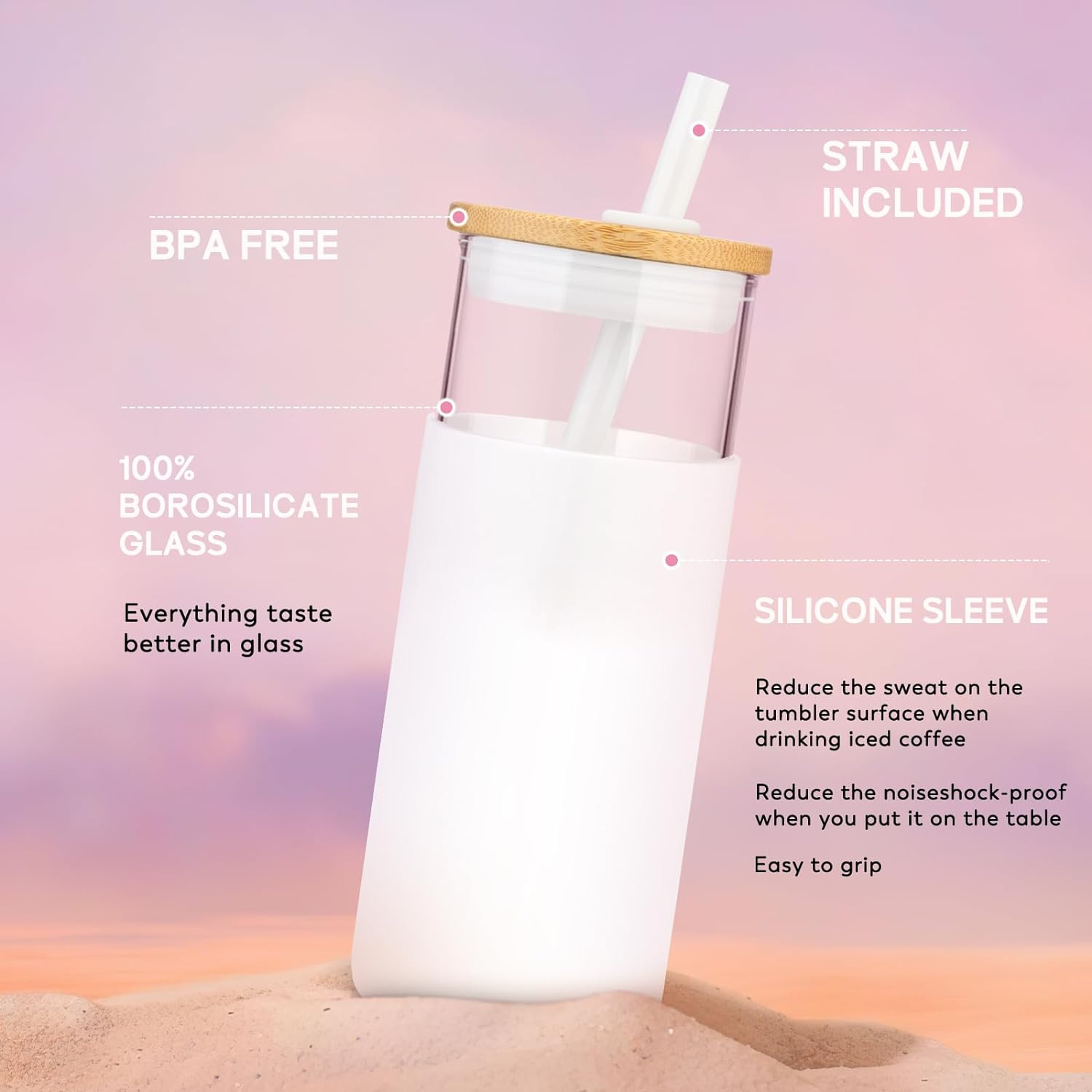 Tronco 20Oz Glass Tumbler Glass Water Bottle Straw Silicone Protective Sleeve Bamboo Lid - BPA Free, White image number 2