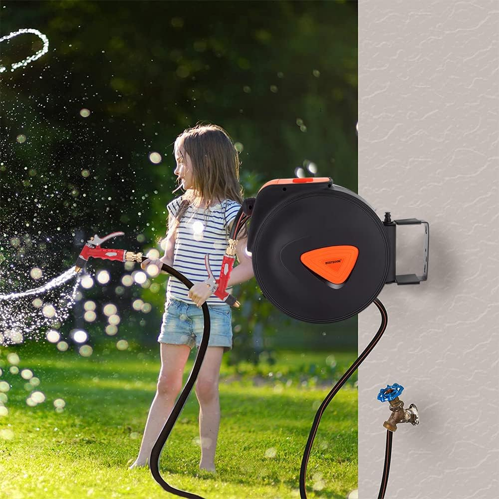 30M Retractable Garden Hose Reel, Heavy Duty Wall Mounted Water Hose Reel with High-Pressure Brass Spray Nozzle, Any Length Lock, Auto-Rewind, 180&deg; Swivel Bracket, for Watering and Cleaning image number 2
