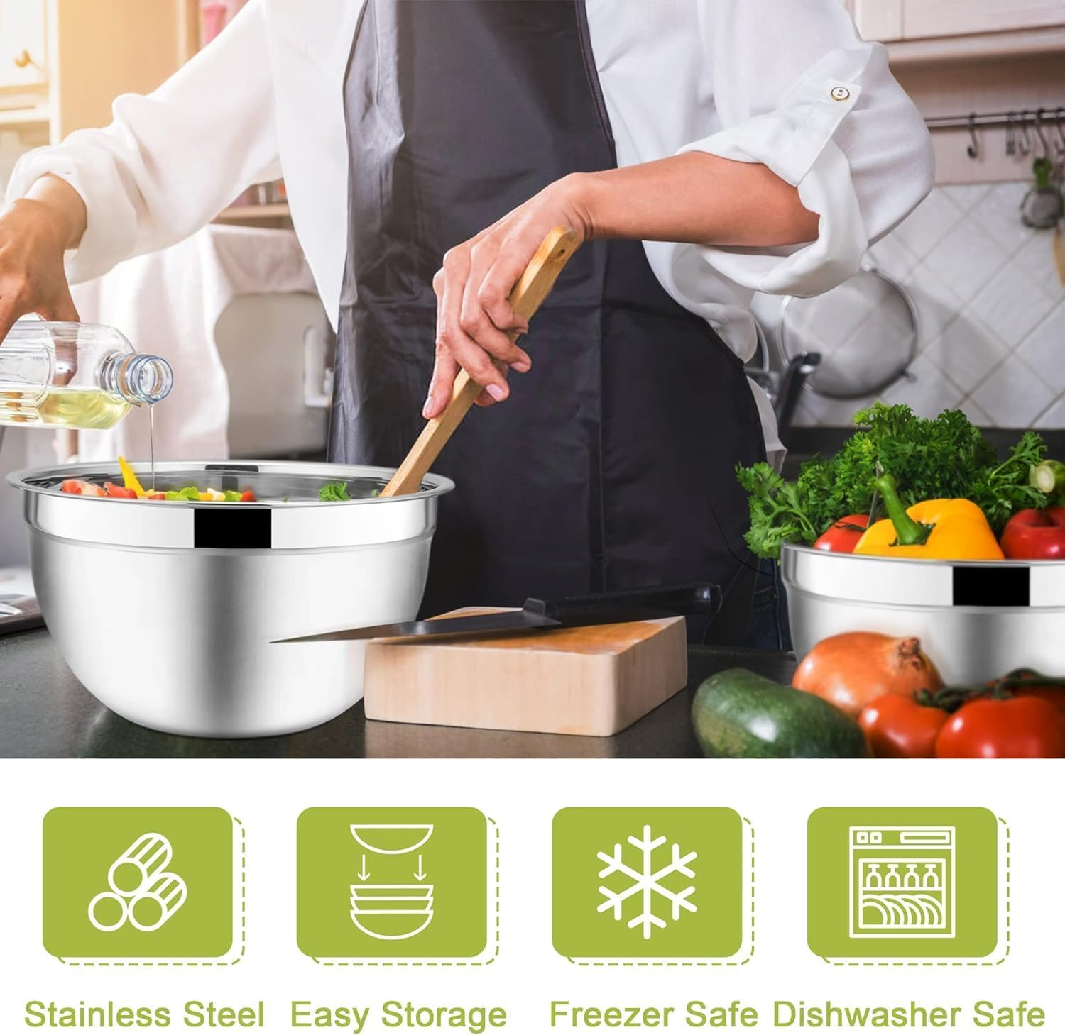 Mixing Bowl Set of 5, Stainless Steel Mixing Bowls with Airtight Multicolord Lids, Salad Bowls Size 4.5L/3.5L/2.5L/2L/1.4L,Multifunctional Bowls with Lids for Baking,Cooking,Food Prep image number 5