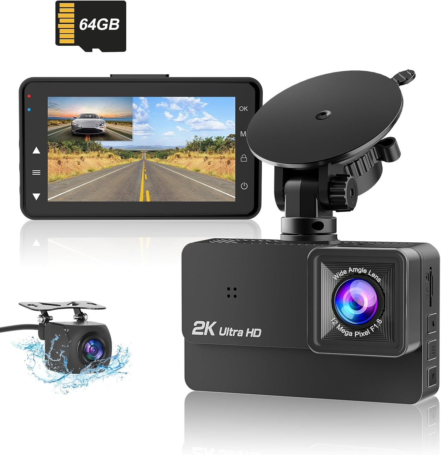 Dash Cam for Cars 2K+1080P Car Dash Camera Recorder 3Inch Screen Dashboard Camera with 64GB Card，170&deg; Wide Angle, Super Night Vision, WDR, Loop Recording, Parking Monitor, G-Sensor, Motion Detection image number 1