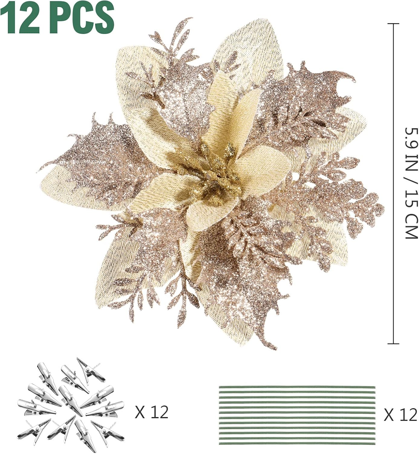 Kisangel 12Pcs Christmas Tree Picks, Artificial Poinsettia Glitter Flowers with Stems and Clips, Xmas Tree Flowers for Wedding Party Ornaments, Gold - Champagne Gold image number 1