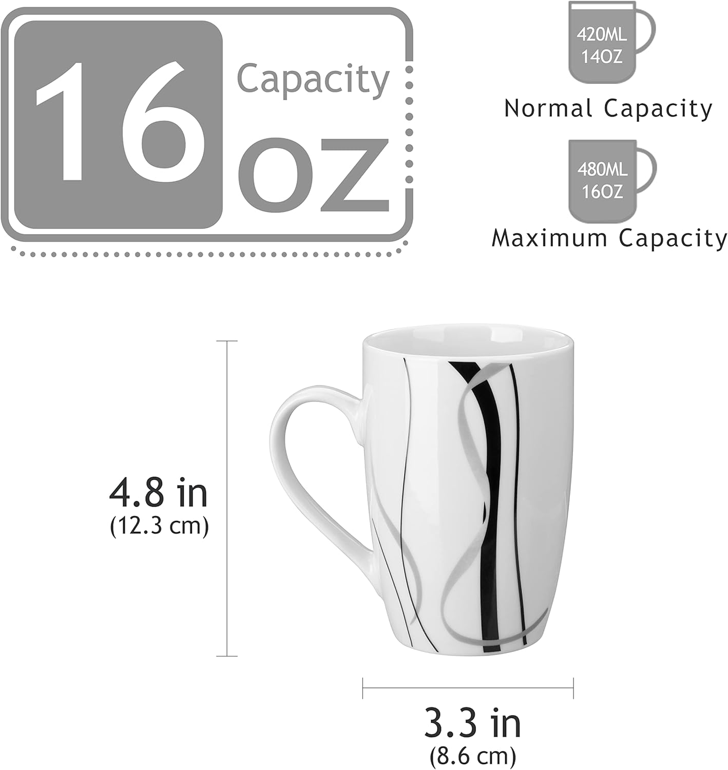 VEWEET Coffee Mugs Set of 6, 16 OZ Large Coffee Cups Set, White Mug Sets Ceramic Mugs Set with Big Handle, Microwave Dishwasher Safe, Series Fiona image number 5