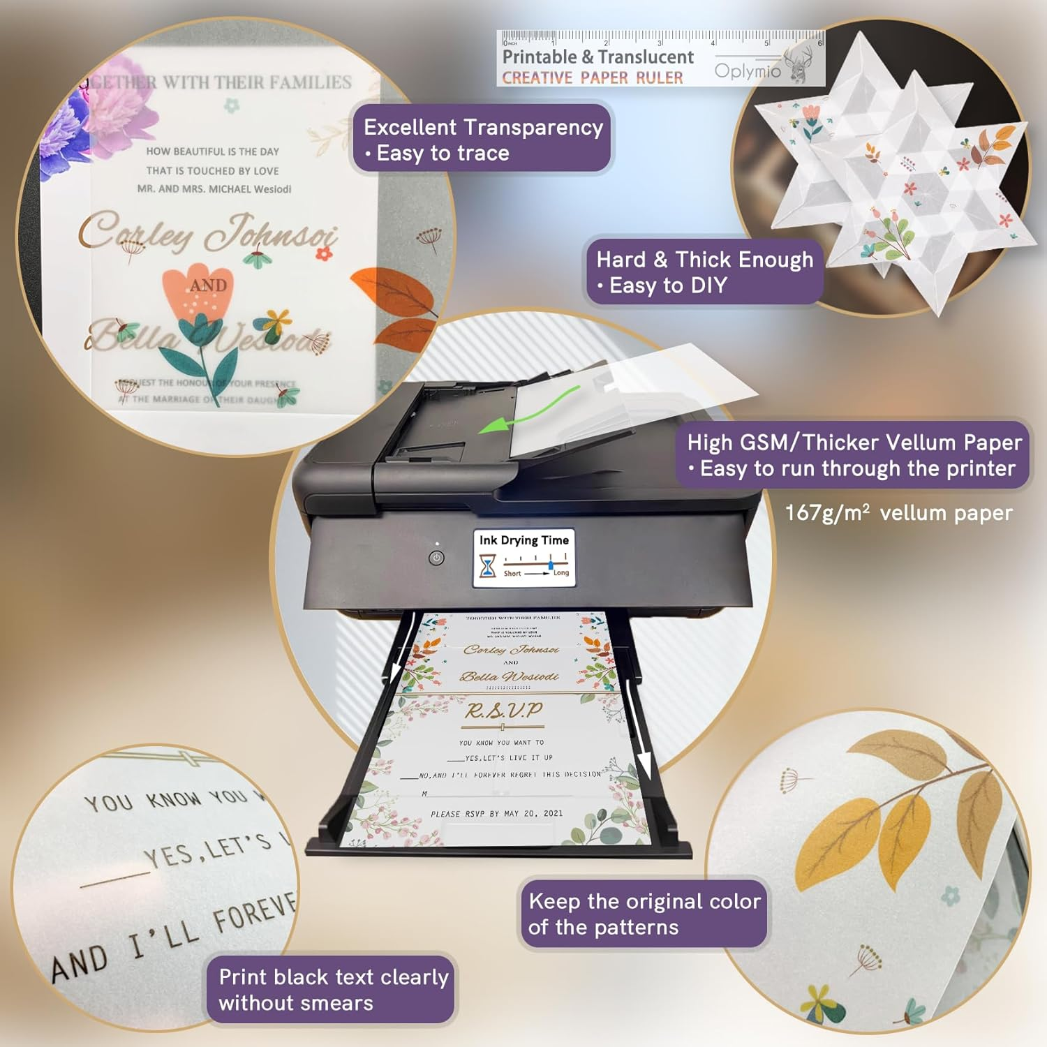 Thick Translucent Vellum Paper, Oplymio 42 Sheets 167GSM Printable Vellum Paper for Invitations, Envelopes, Heat Embossing, Belly Bands(8.5 X 11 Inches) image number 3