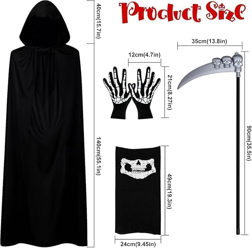 Halloween Grim Reaper Costume Set for Adult, 4PCS Black Hooded Cape, Skull Face Mask, Skeleton Hand Gloves, Grim Reaper Scythe Death Scythe Staff, Cosplay Costume Props for Men & Women image number 2