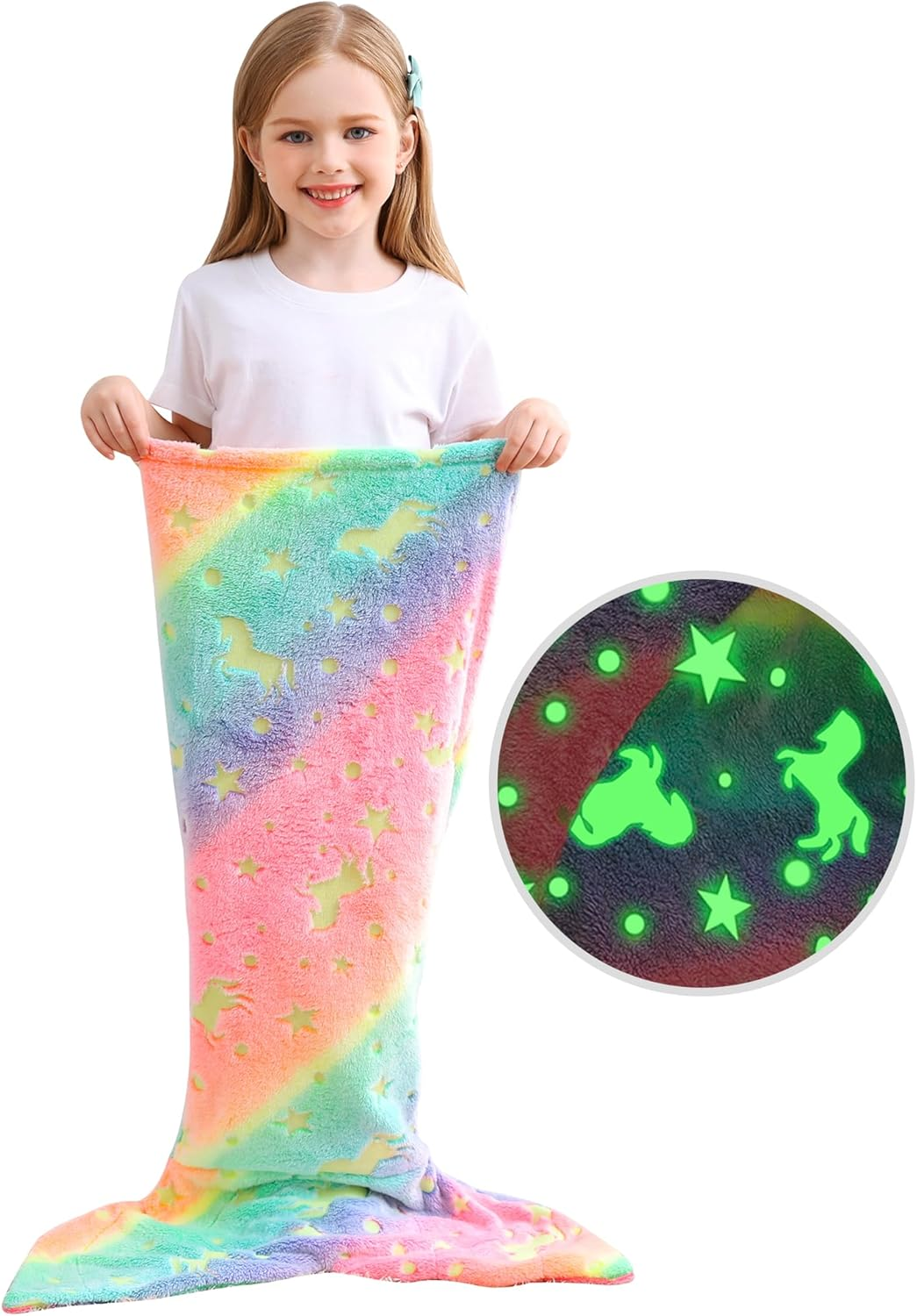 Kids Glow in the Dark Mermaid Tail Blanket - Unicorn Gifts for Girls, Soft Flannel Fleece with Rainbow Ombre Fish Scale Design, 100 X 43 Cm