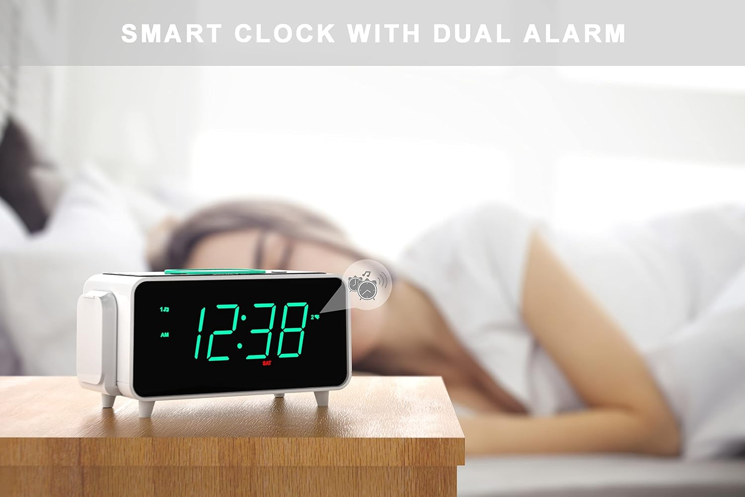 Emerson Radio Smartset Alarm Clock AM/FM Radio with Wireless Charging, Bluetooth Speaker, Fast Charging for Airpods/Iphone, Foldable Stand, USB Charger, Adjustable LED Glow, ER100501, Black/Neon