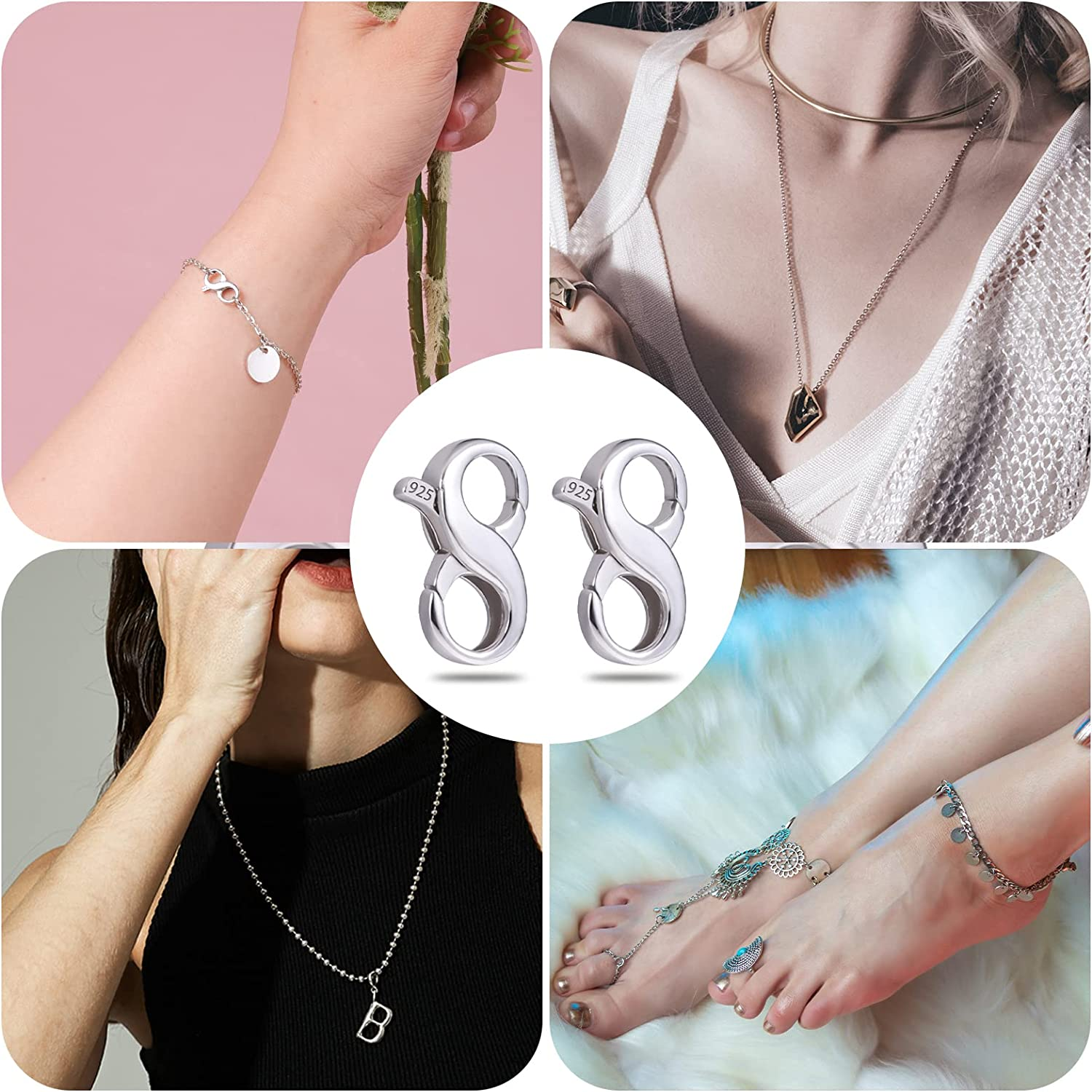 KINBOM 2Pcs Lobster Clasp, Jewelry Clasp Double Opening Lobster Clasp Necklace Shortener 925 Sterling Silver Jewelry Making Supplies Clasp Repair Kit (0.49X0.24Inch) image number 2