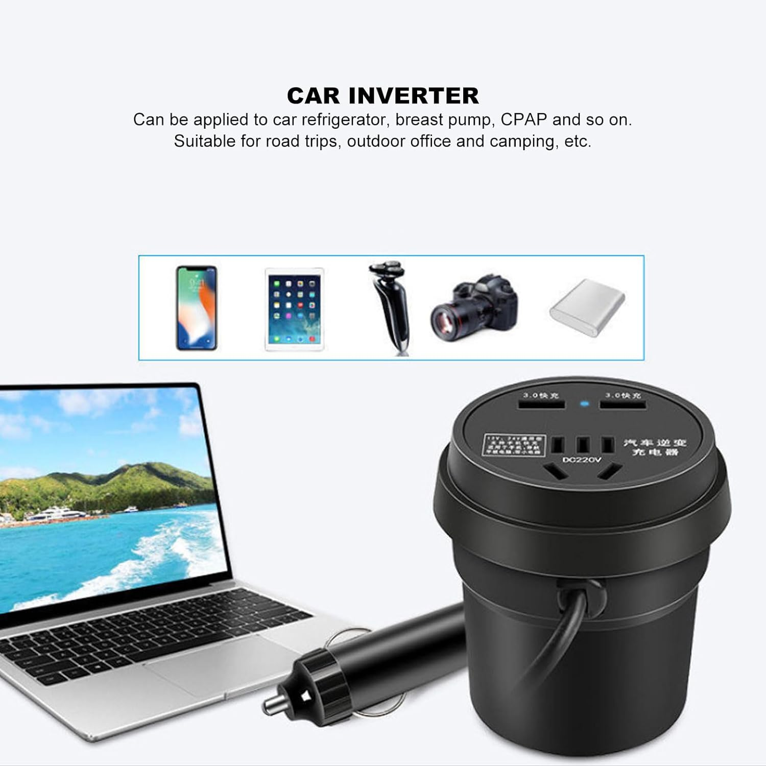 150W Car Power Inverter, DC 12V to AC Converter, QC3.0 Fast Charging Port and 1 AC Socket for Laptop Mobile Phones Converter image number 2