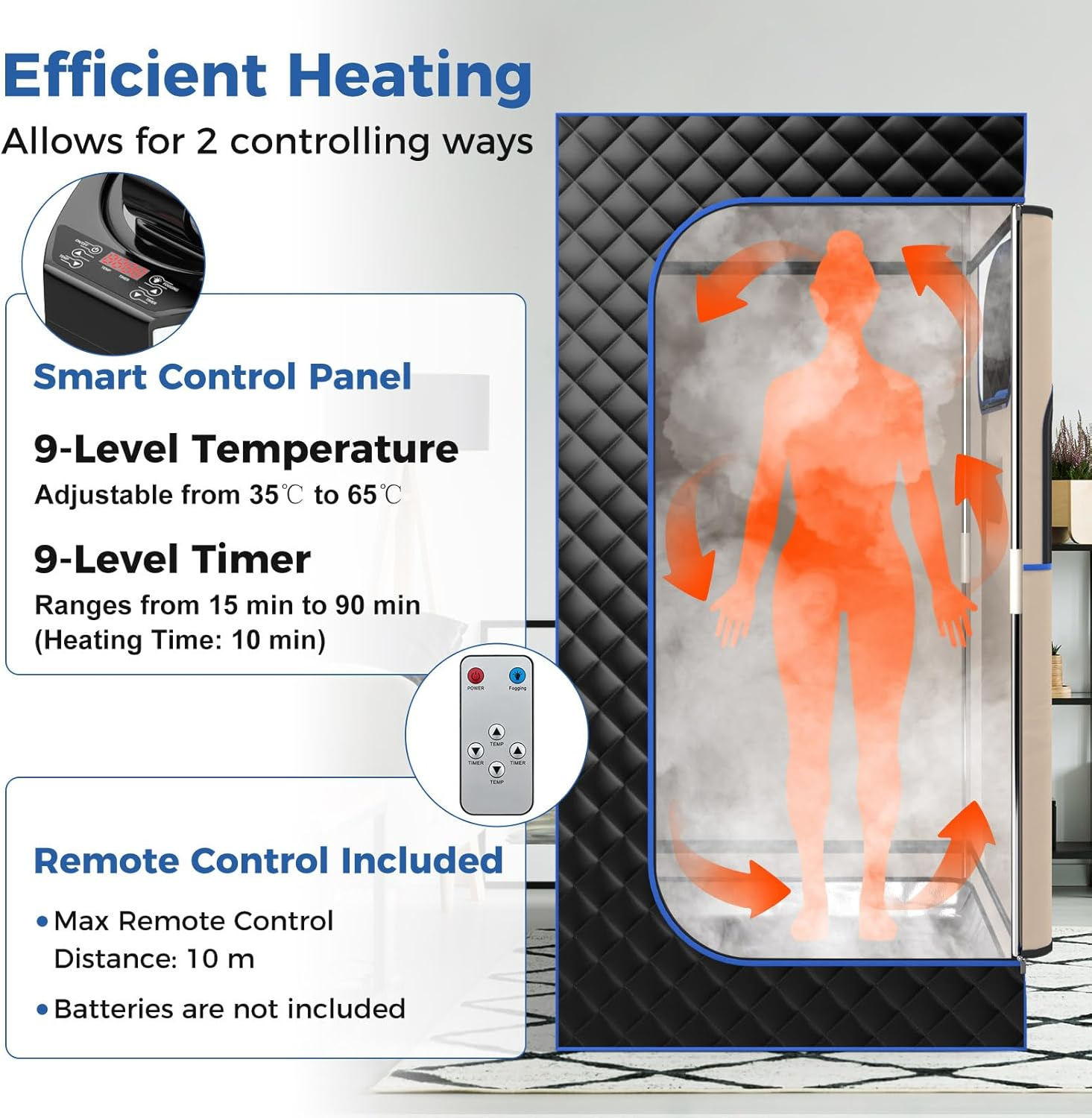 Costway Portable Steam Sauna for Home, Full Body Sauna Box with 3L Steam Generator, Remote Control, Wood Foot Massager & Foldable Chair, Lightweight Single Person Sauna Tent (Black) image number 3