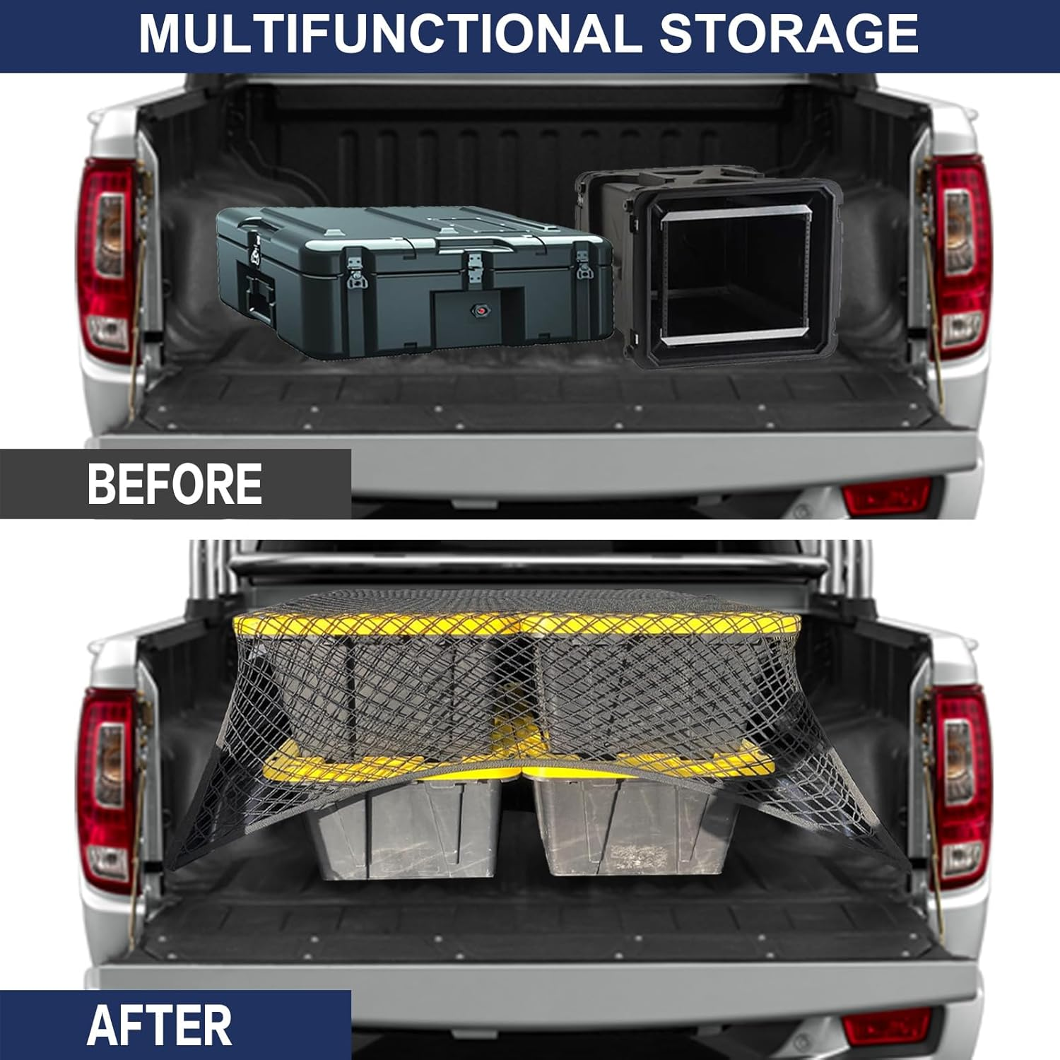 Cargo Net for Pickup Truck Bed Highly Elastic Cargo Storage Mesh Organizer with 4 Plastic Hooks and 6 Metal Carabiners, 4'X4' Stretches to 8'X 8&rsquo; | Single Layer