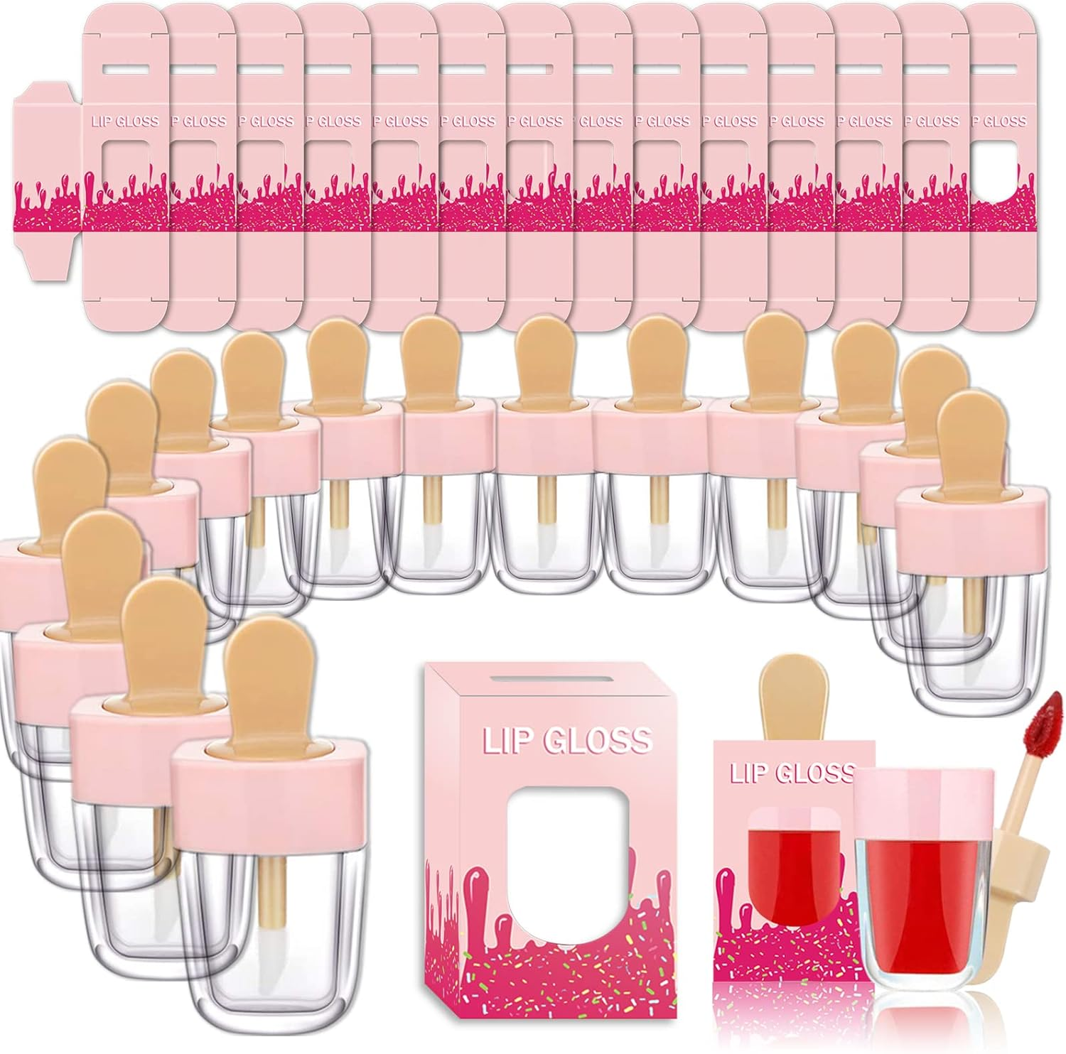 15 Pack Ice-Cream Lip Gloss Tube Boxes Packaging, Pink Lip Gloss Boxes for 2.68X1.62 Inch Ice Cream Shaped Empty Lipgloss Tubes, Pink Ice Cream Lipgloss Bottle Packaging (Not Include Tubes)