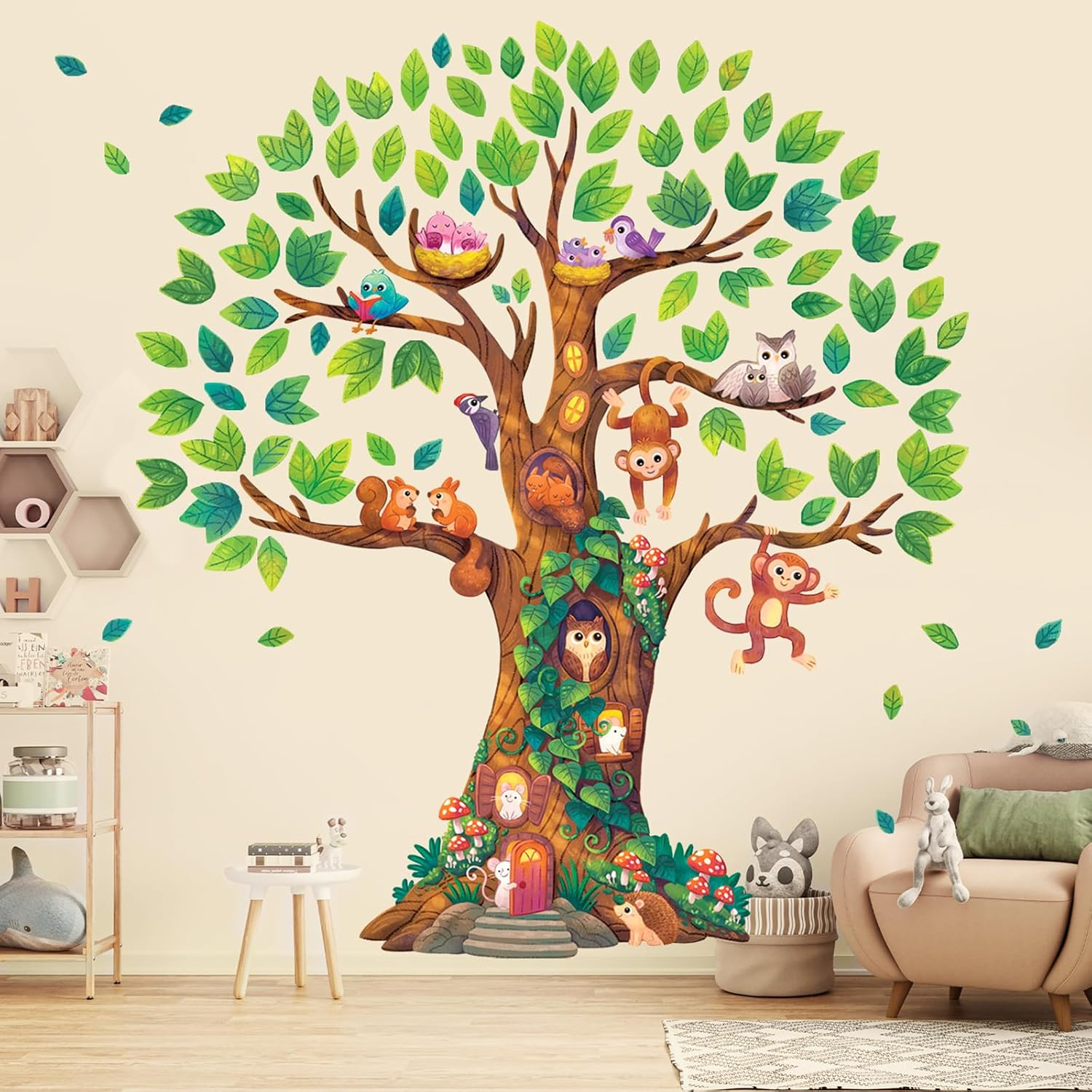 DECOWALL Treehouse Animal Wall Stickers &ndash; Monkeys, Owls, Birds & Squirrels Tree Decals for Kids Bedroom, Nursery or Playroom Decor (DL4-2303) image number 2