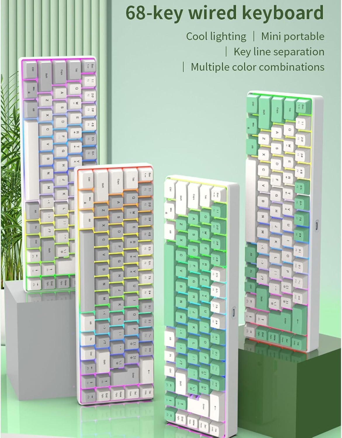 Wired Gaming Keyboard, 60 Percent 68 Keys RGB Backlit Mechanical Keyboard, Ergonomic Compact Keyboard with anti Ghosting and Multimedia Keys for PC Laptop Computer (White Green Color Block) image number 5
