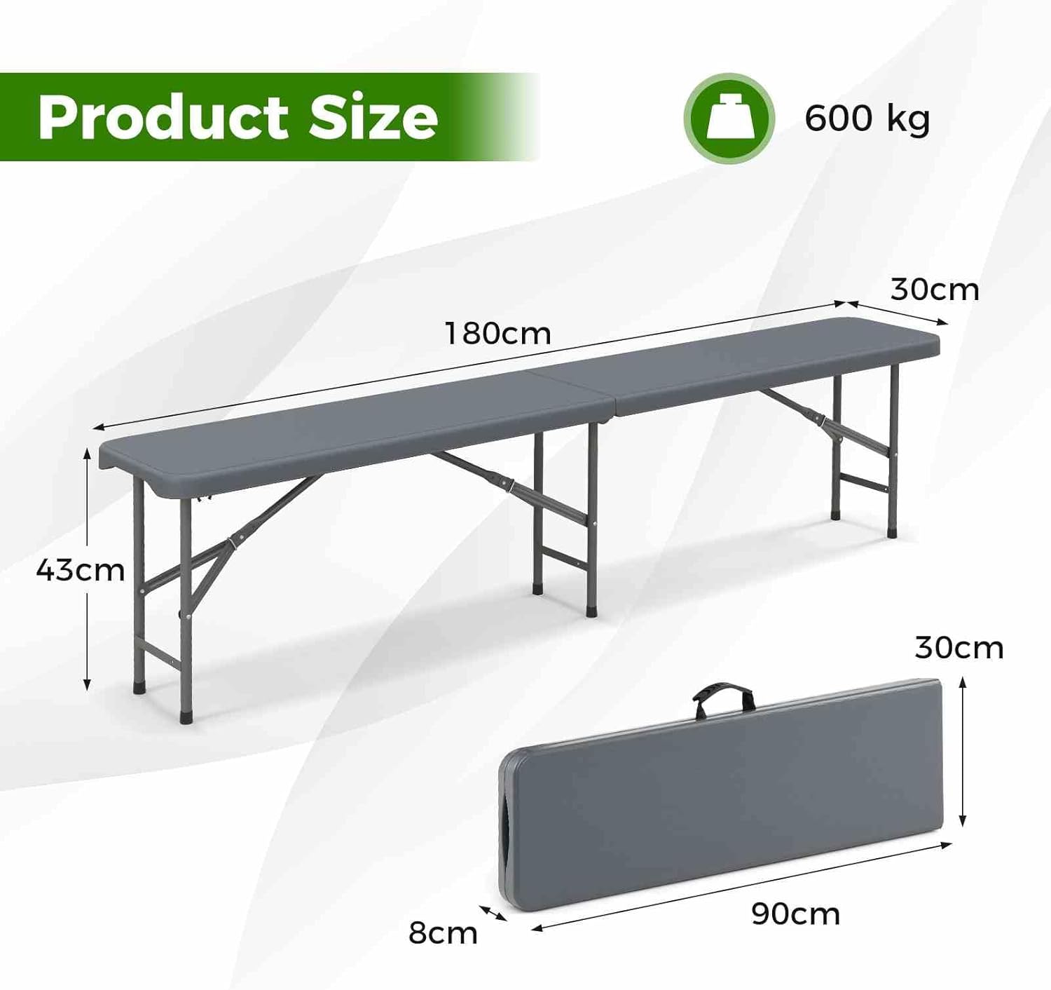 Costway 180Cm Outdoor Plastic Folding Bench, Portable Fold-In-Half Seat W/ 600Kg Capacity, HDPE Thickened Long Seat W/Handle & Lock, for Outdoor Camping Picnic Party Soccer Events (Gray)