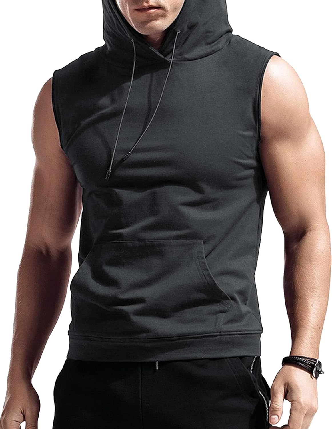 FEOYA Men'S Hooded Tank Tops Sleeveless T-Shirts Gym Vests Top Breathable Quick Dry for Workout Running Bodybuilding Athletic Sport Shirts Drawstring Sweatshirt with Pockets image number 3