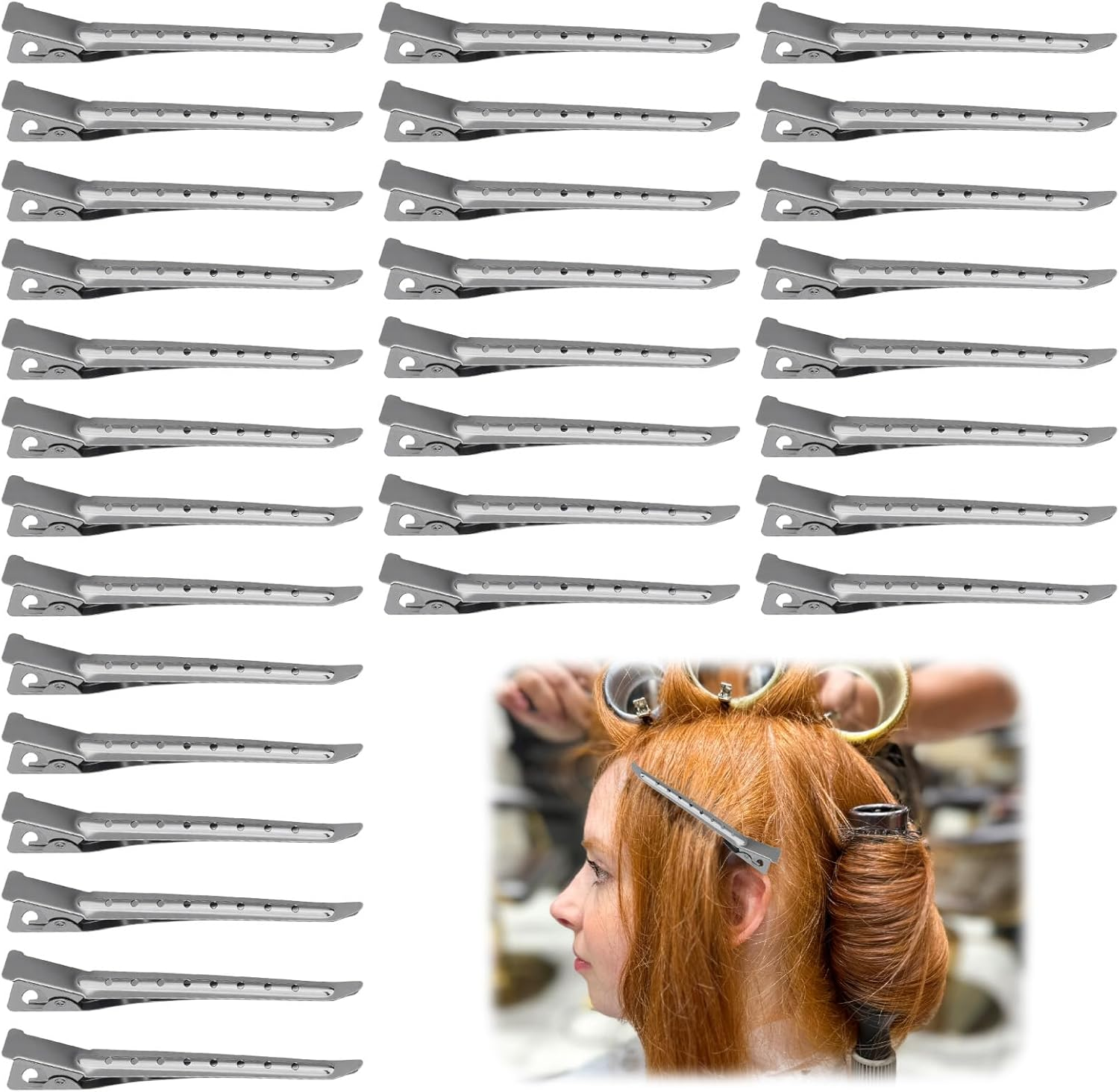 30 Pcs Professional Alligator Hair Clips - 3.5" Stainless Steel Duckbill Clips for Salon Styling, Hair Coloring & Curling | Rustproof Sectioning Pins with Holes (Silver) image number 6