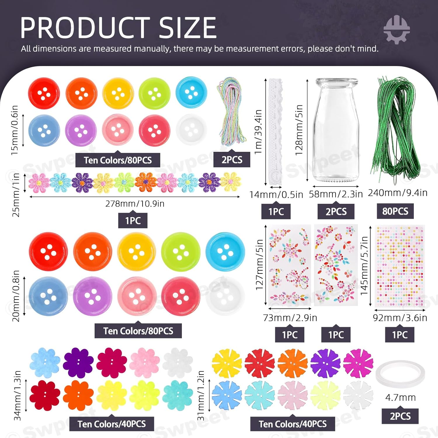 Swpeet 253Pcs Flower Craft Kit, Make Your Own Flower Bouquet with Buttons Felt Flowers, DIY Activity Supplies Vase Art and Craft Kits for Most Craft Project