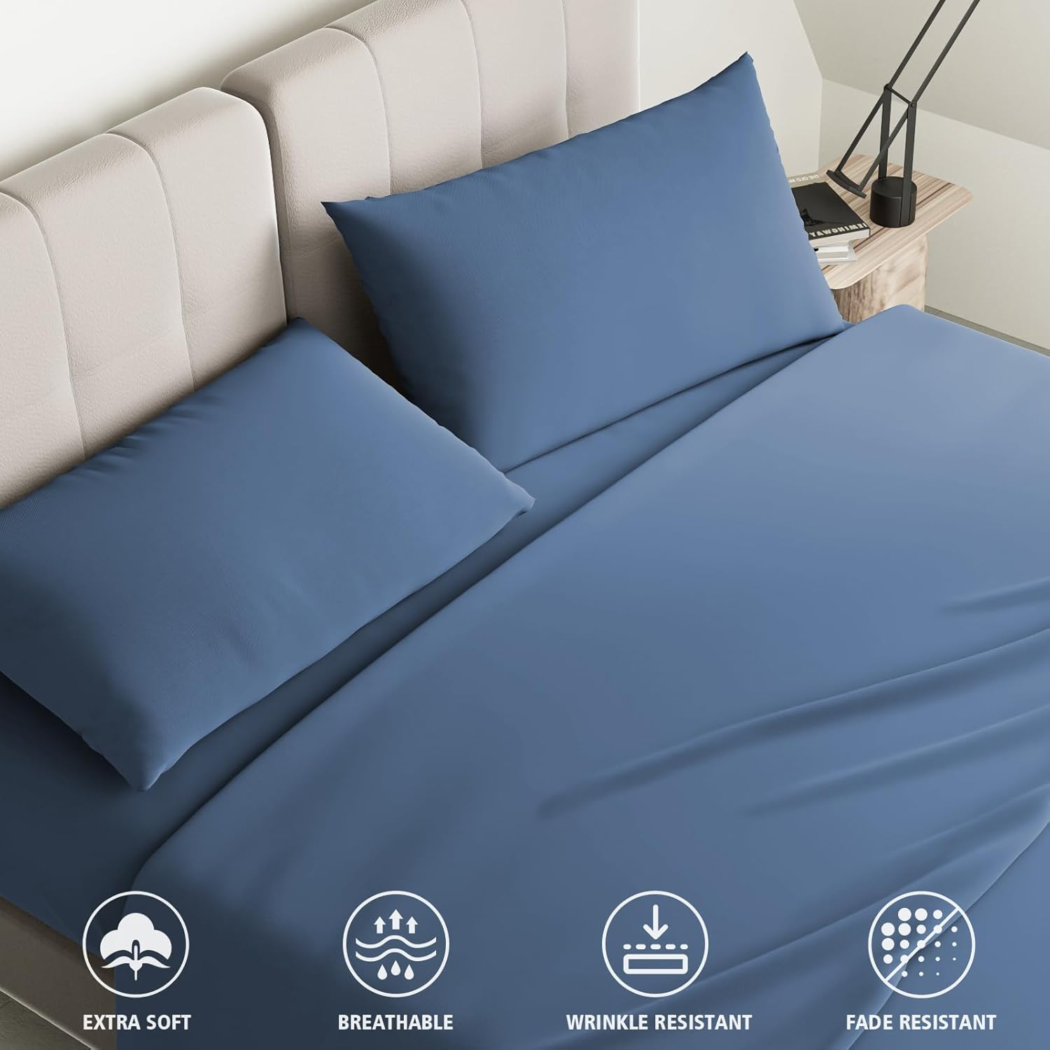 RUN HELIX 4 Pieces King Bed Sheet Set - Ultra Soft Microfibre Fabric Fitted Sheet with 35Cm Deep Pocket, Mattress Protector, Easy Care, Wrinkle Free, Fitted Sheet & Flat Sheet & 2 Pillowcases, Blue image number 3