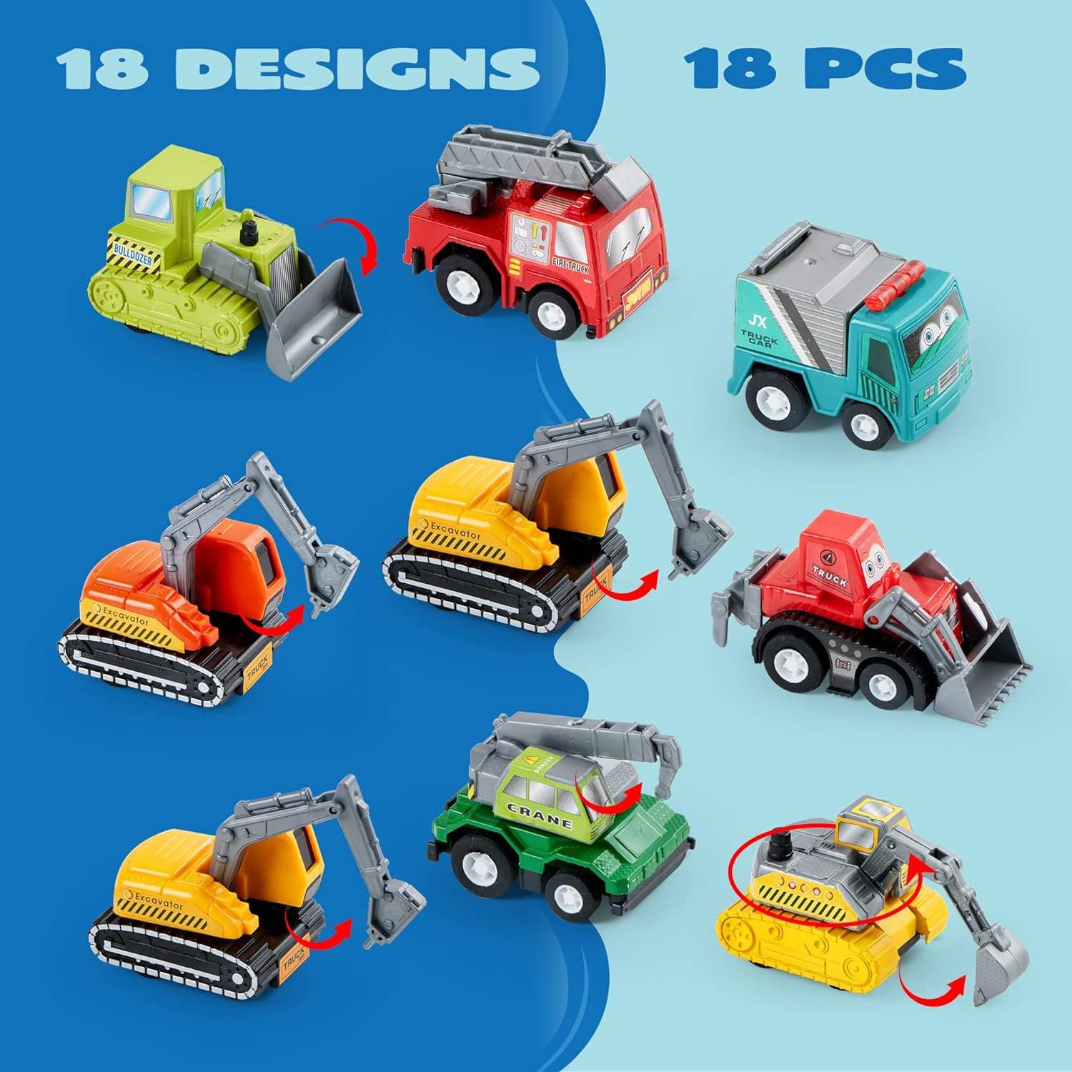 JOYIN 18 Piece Pull Back Car Assorted Mini Truck Model Car, Friction Powered Race Cars Vehicle Set for Toddlers, Boys, and Girls&rsquo; Educational Pretend Play