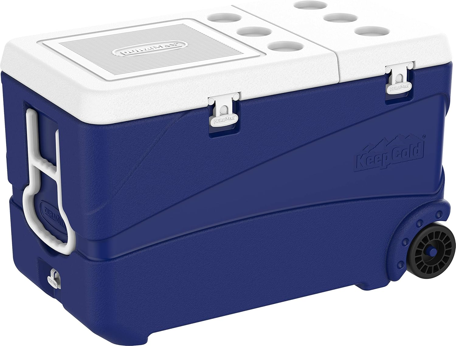 Duramax Deluxe Icebox 80L, High Performance Cool Box with PU Insulation, 6 Days of Ice Retention, Icebox with Wheels & Handles for Easy Mobility, Cup Holders on Lid, Durable Cool Box, Ice Chest, White