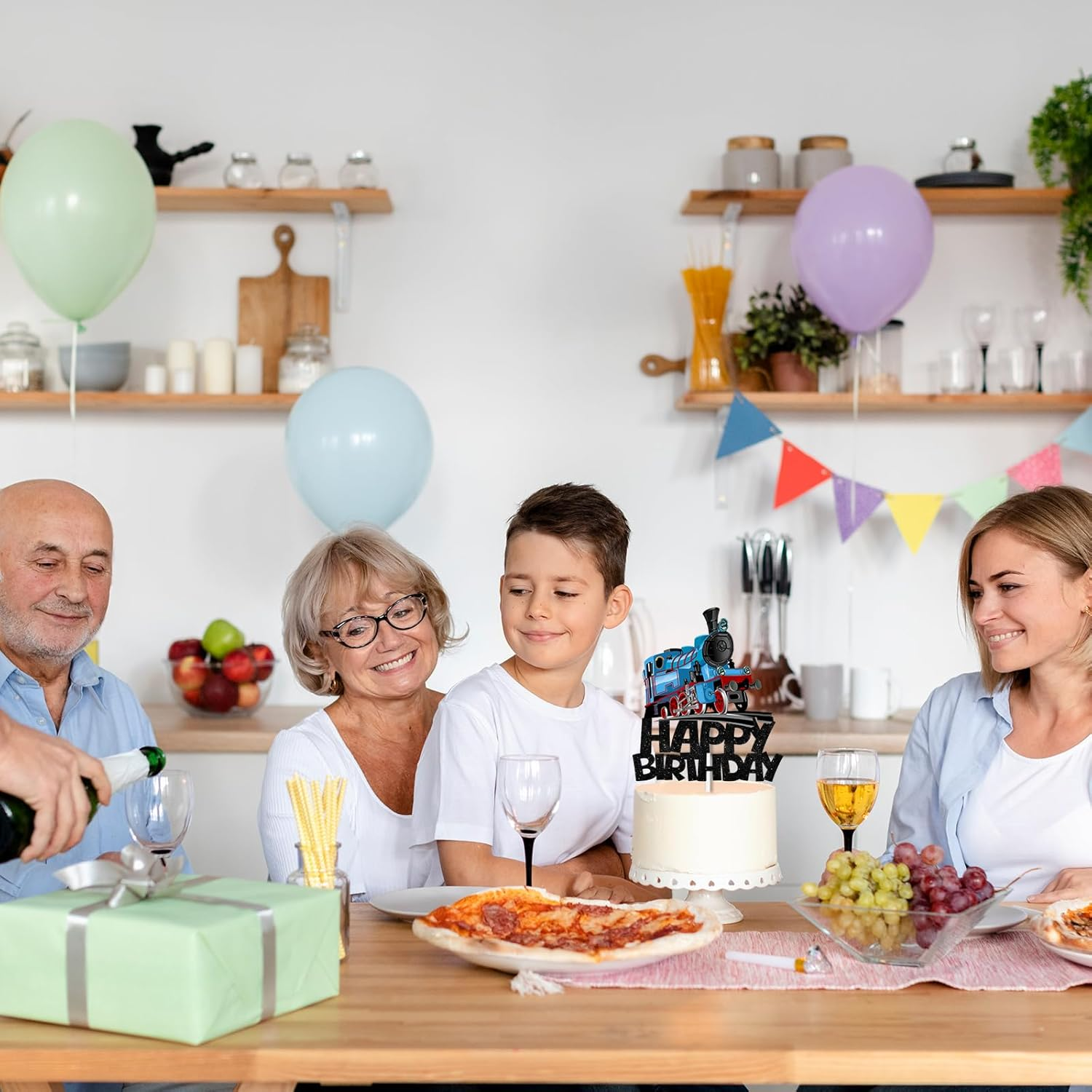 Black Glitter Happy Birthday Cake Topper Cheer to Transportation Train Railroad Crossing Theme Decor Supplies Baby Shower Children Boys Girls Happy Birthday Party Decorations image number 6