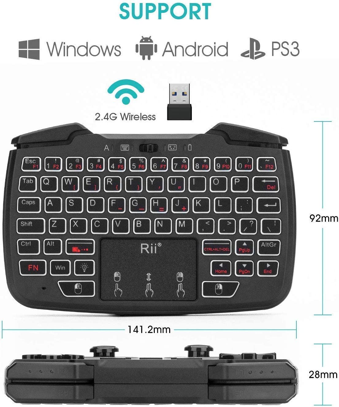 Rii Wireless Portable Game Controller 62-Key Rechargeable Keyboard Mouse image number 3